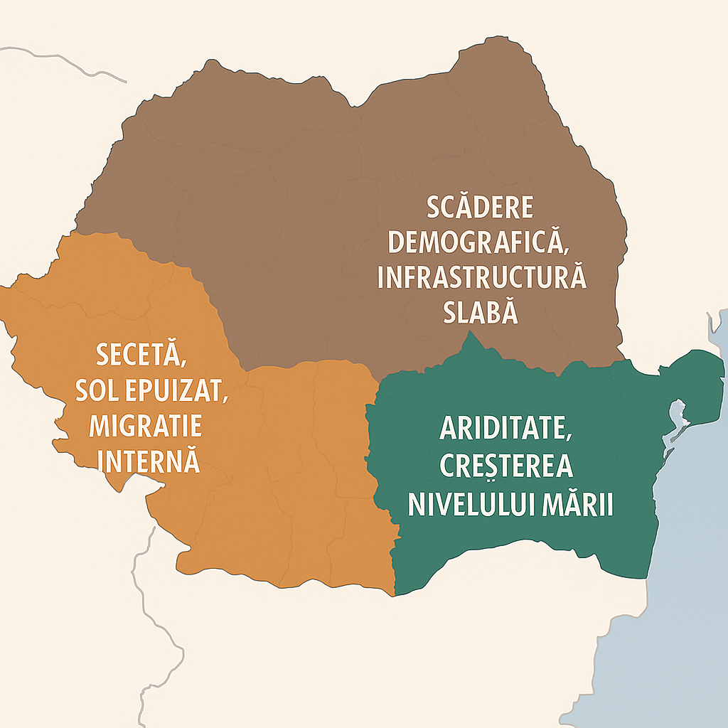 Harta ilustrează regiunile României cel mai expuse riscurilor climatice până în 2035. Sud-vestul și Oltenia sunt amenințate de secetă și migrație internă, Dobrogea și litoralul se confruntă cu ariditate și creșterea nivelului mării, iar zonele montane și rurale riscă depopulare și infrastructură degradată.